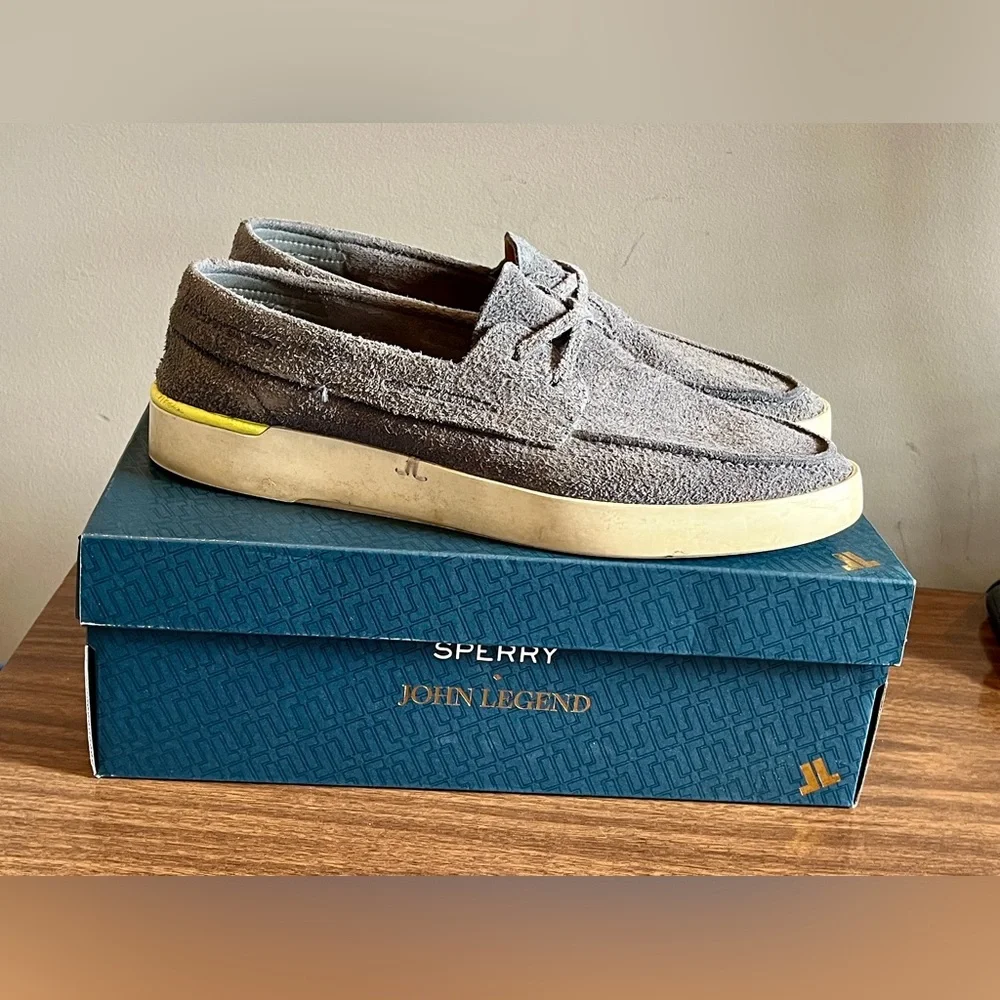 John Legend for Sperry Grey Suede Boat Shoes in Gunmetal, Size 13